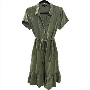 Army Green Collared Button Up Ruffle Hem Casual Dress with Pockets